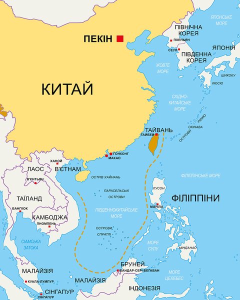 карта Південно-Китайського моря, Південно-Китайське море, територіальні претензії, пунктирна лінія