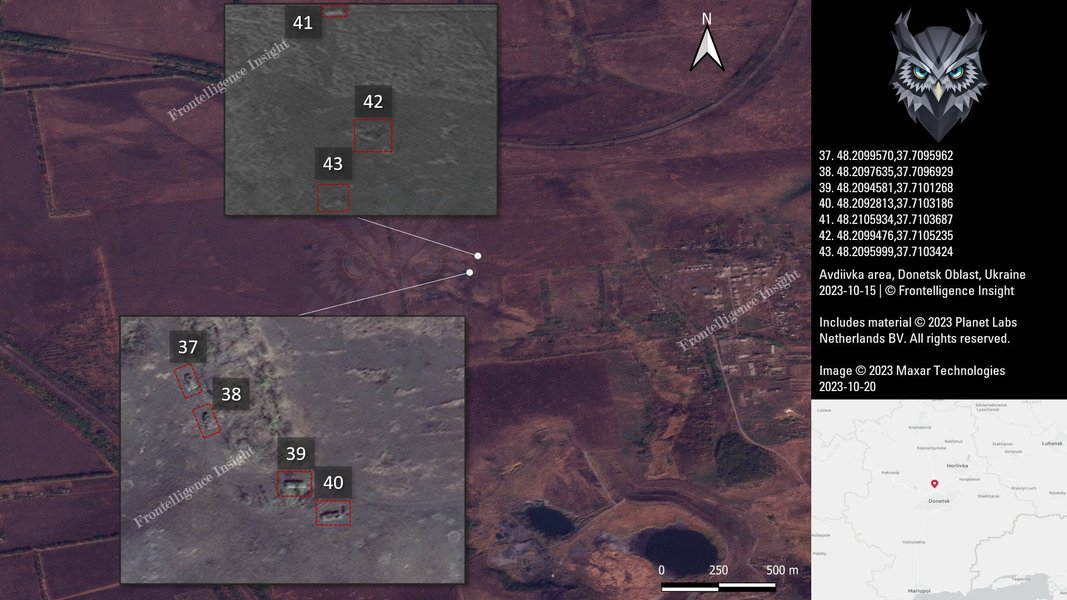 Потери ВС РФ под Авдеевкой, белым квадратом обозначена техника, которая уже была уничтожена ранее