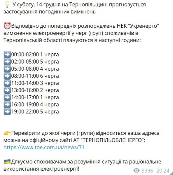 Графіки відключень, 14 грудня, Тернопільська область