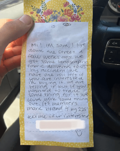 Записка от соседа, записка, письмо, предложение о покупке, продажа ткани, пропавшая посылка, украл посылку, предложил купить