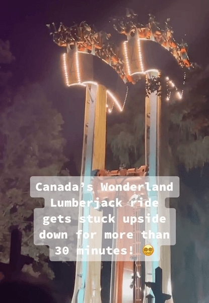 Парк аттракционов в Канаде, застряли на качели, спасатели, инженеры, тематический парк, парк развлечений, дети