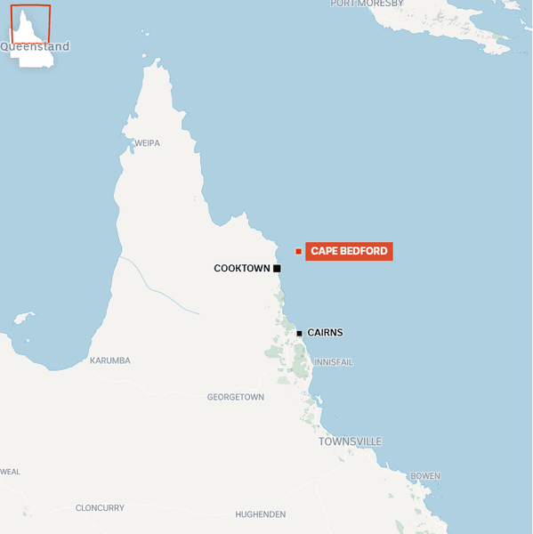 Карта Квинсленда с отмеченным мысом Бедфорд, где нашли лодку пропавшего американского моряка