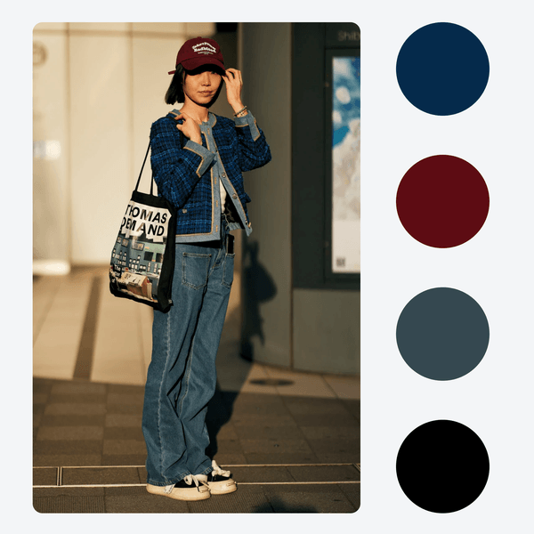 Насичений синій + бордовий + потерта джинса + чорний