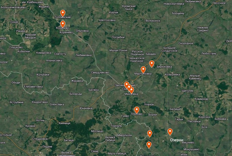 Прорив в Курській області, Суджа, карта, фронт, 12 серпня, населені пункти