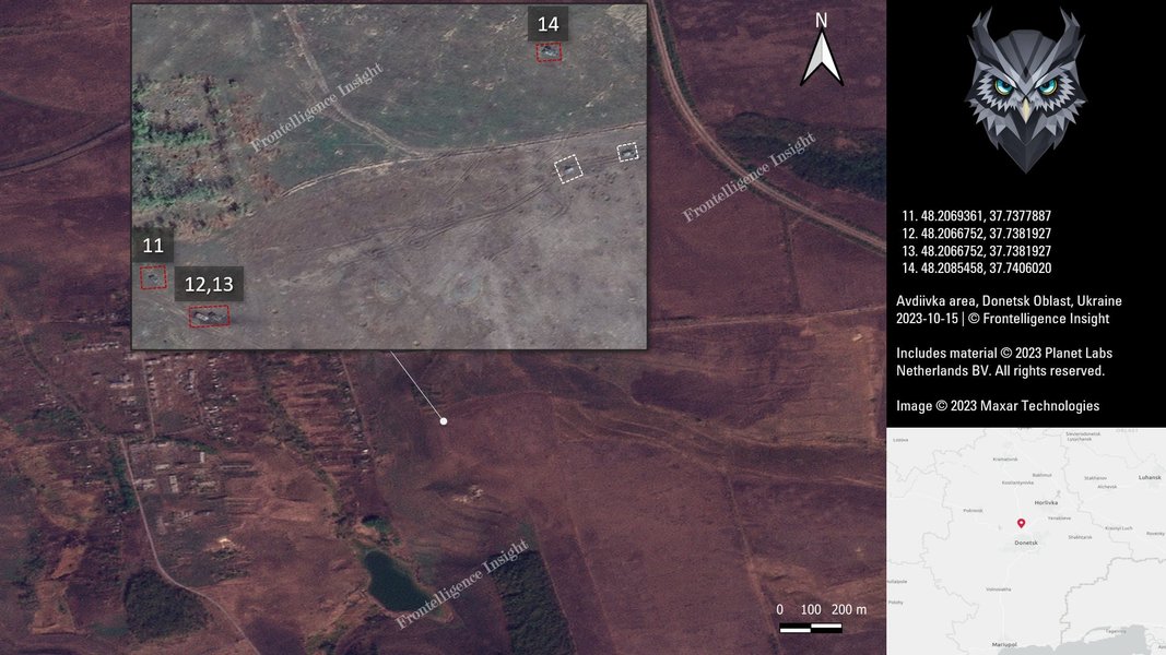 Потери ВС РФ под Авдеевкой, белым квадратом обозначена техника, которая уже была уничтожена ранее