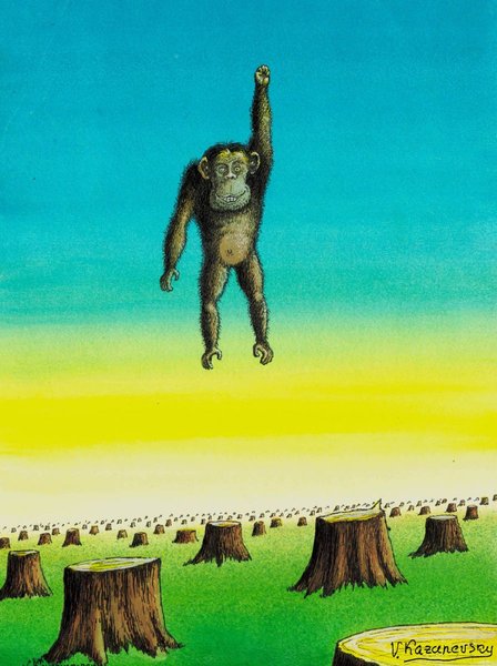 фото, карикатура Владимира Казаневского, обезьяна, висящая над вырубленным лесом