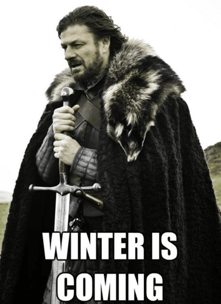 Нед Старк с мечом и подписью Winter Is Coming