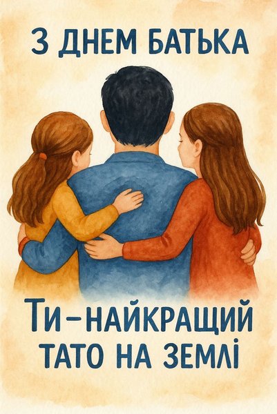 З днем батька листівка ти найкращий тато на землі дві доньки обіймають батька малюнок