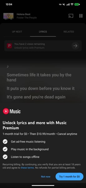 Текст пісні на YouTube Music