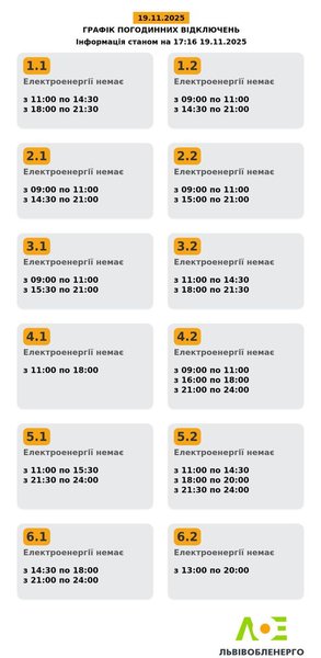 оновлені графіки відключення електроенергії на Львівщині