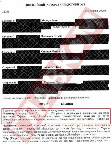 Копія ліцензійного (авторського) договору з підписами п’яти людей: Івана Марчука, Сергія Павленка, Михайла Синиці, Ігоря Апостола (син екснардепа) і Тамари Стрипко