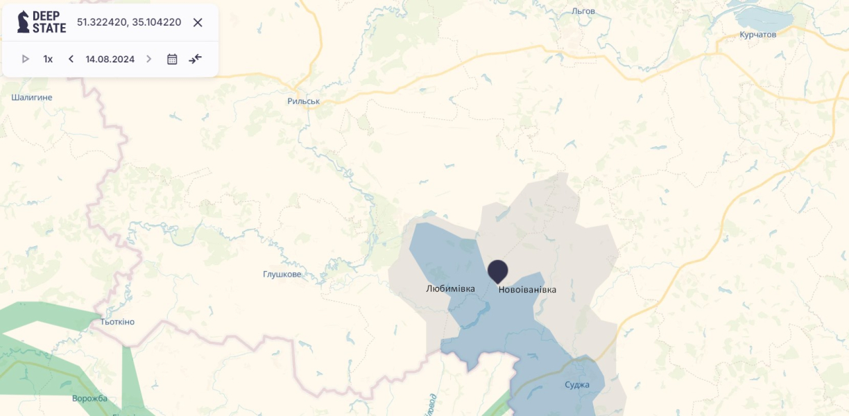 село Новоіванівка на карті DeepState 14 серпня Прорив в Курській області, Рильськ, Суджа, Новоіванівка, 14 серпня, карта, DeepState