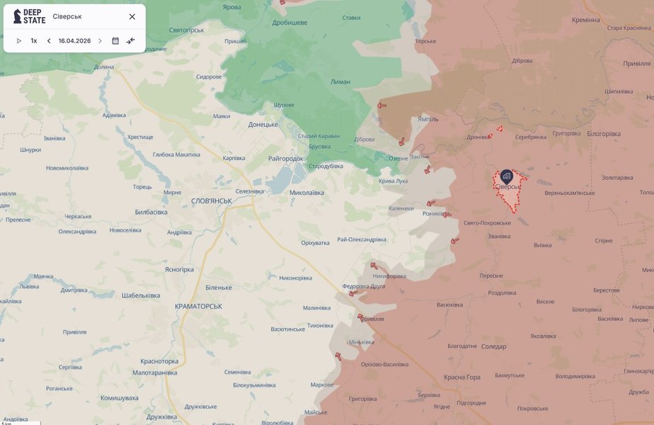 Изменения в ОК Восток — ситуация в Северске 16 апреля 2026 года, DeepState