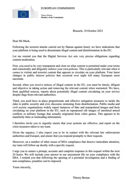 Ілон Маск, ЄС, Ізраїль, ХАМАС