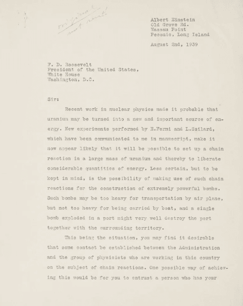Письмо Эйнштейна об угрозе создания Германией атомной бомбы