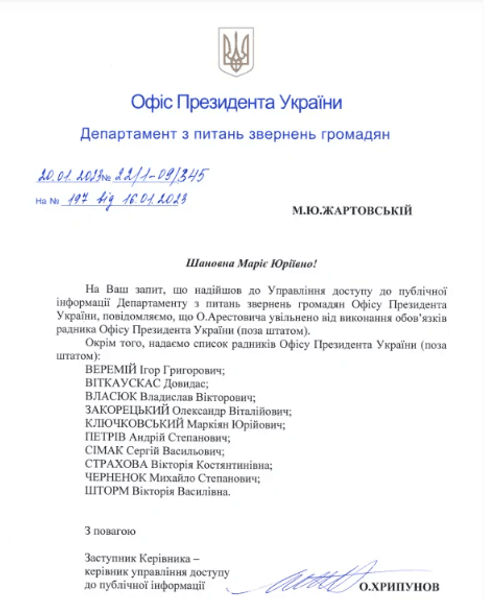 арештовича звільнення, арештовича звільнили, арештовича звільнився, позаштатні радники