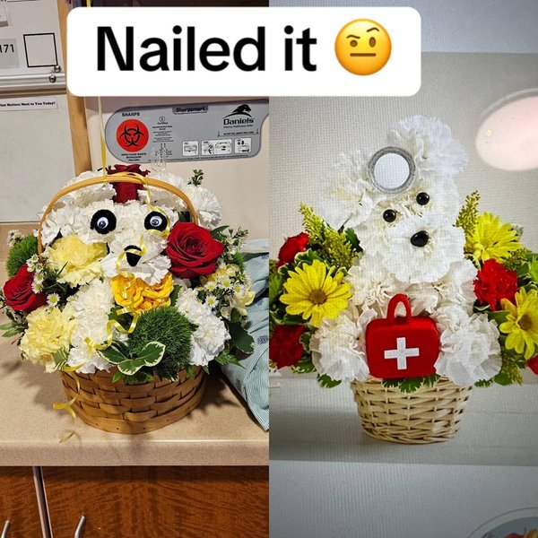 Букет у формі песика, квіткові композиції, квіти, подарунок сестрі, дивні історії, курйози, приколи