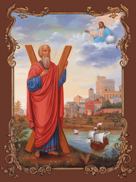 Икона апостола Андрея Первозванного с косым крестом на фоне древнего города и моря