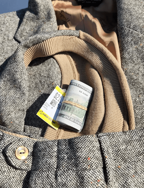 Сверток купюр в кармане пиджака, купленного в благотворительном магазине за $21