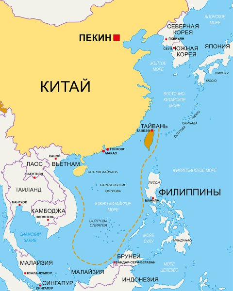 карта Южно-Китайского моря карта Южно-Китайского моря, Южно-Китайское море, территориальные претензии, пунктирная линия