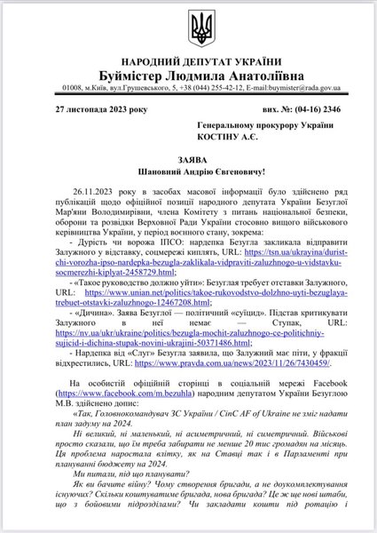 Заявление, Людмил Буймистер, Марьяна Безуглая, уголовное дело, Валерий Залужный