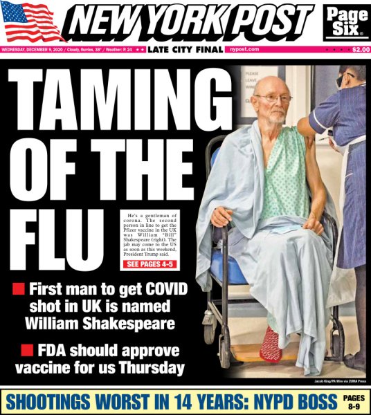 81-річний британець Вільям Шекспір став першим чоловіком, який отримав вакцину від COVID-19 Вільям Шекспір, ведуча, шекспир, телебачення, новини, письменник шекспир, англія, вакцина, коронавірус, помер