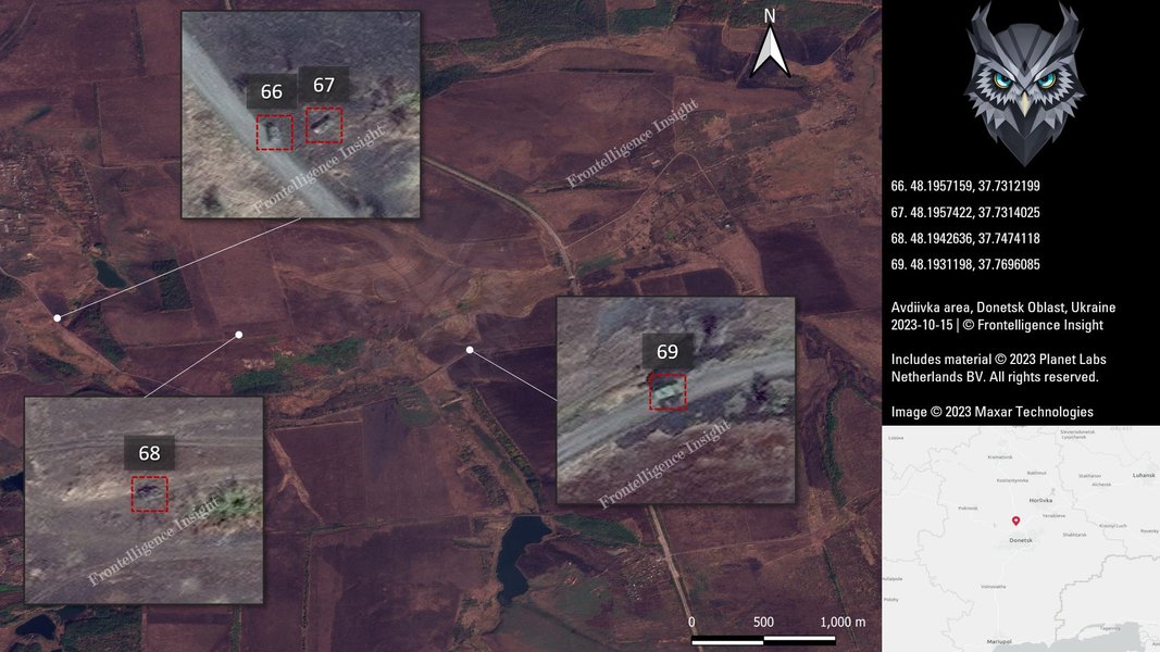 Потери ВС РФ под Авдеевкой, белым квадратом обозначена техника, которая уже была уничтожена ранее