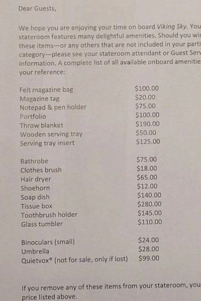 Список товаров на круизном лайнере, прайс, цены на товары, завышенные цены, салфетки, предметы первой необходимости