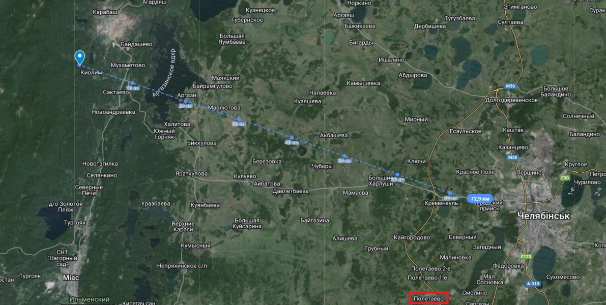 відстань від дамби до Челябінська Інцидент у РФ, Кіаоімське водосховище, дамба, Челябінська область, карта