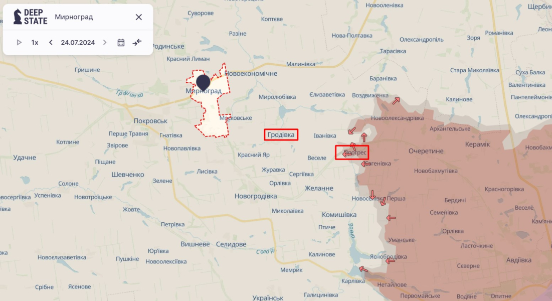 Бої на сході, Донбас, карта, 24 липня, Покровськ, Мирноград, Прогрес