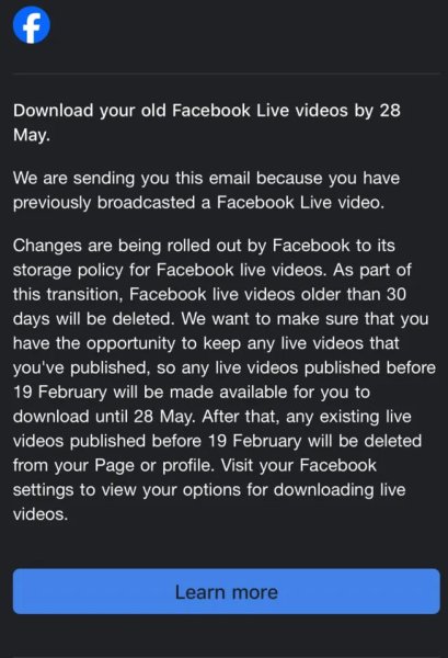 Видеоклиповете на живо във Facebook ще бъдат премахнати Предупреждение за премахване на видео на живо във Facebook