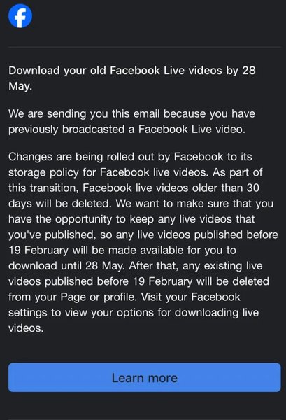 Попередження про видалення відео Facebook Live