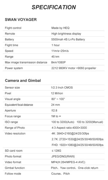 специфікація, дрон Swan Voyager
