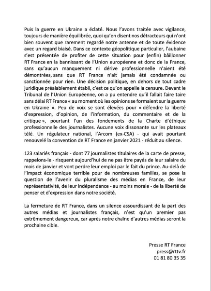 пресс релиз RT France пресс релиз RT France