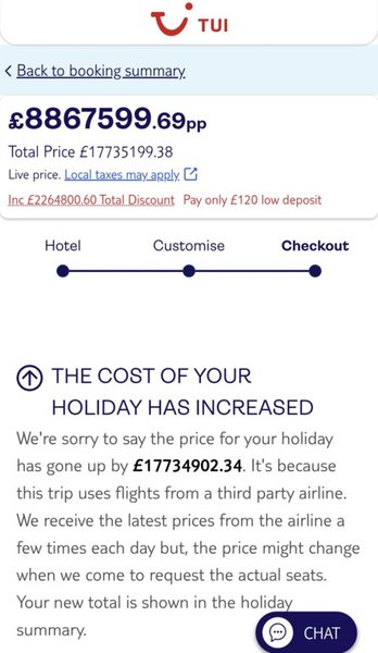 Скриншот TUI с сообщением о резком повышении цены тура до 8,8 миллиона фунтов