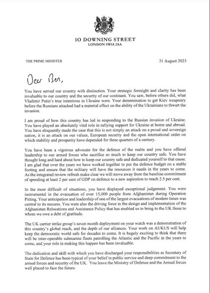 Лист про відставку, Бен Воллес, Ріші Сунак