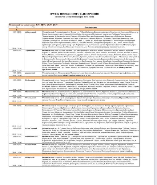 график отключения света, график отключения электроэнергии, киев