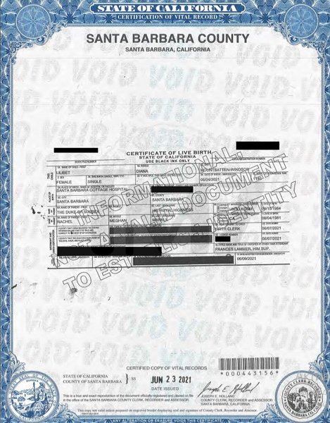 свидетельство о рождении, Лилибет Диана Маунтбеттен-Виндзор