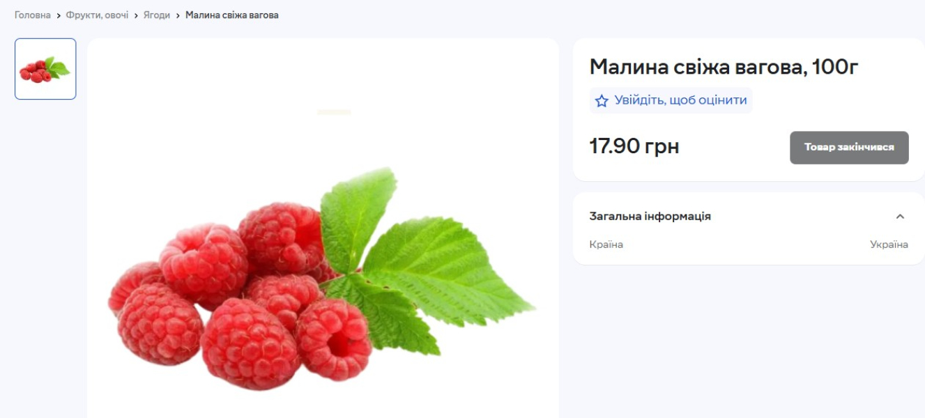 'Ще Ціна на малину за різною ціною в Сілпо червень 2025 року