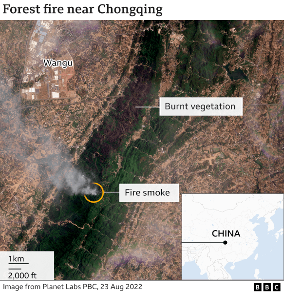 Лесные пожары, Китай, карта
