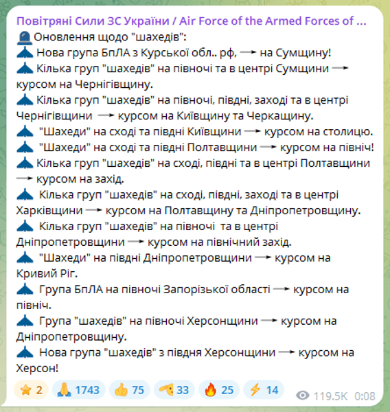 предупреждение о движении "Шахедов" от Воздушных сил Украины