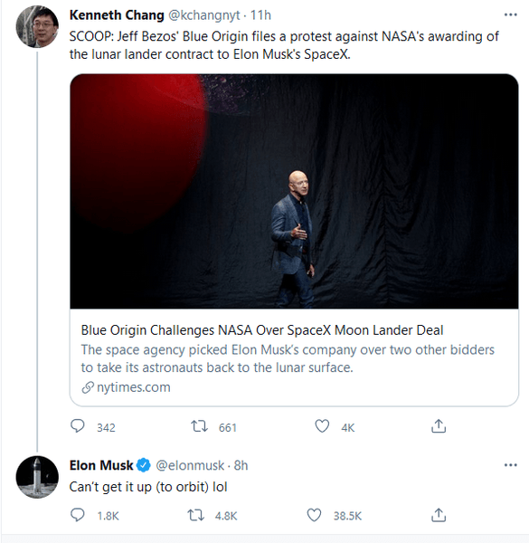 маск о действиях blue origin