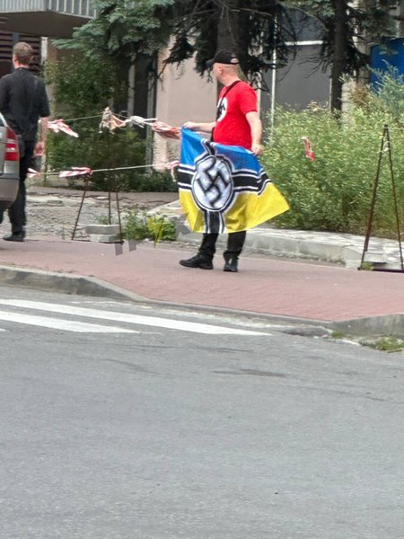 Мужчина демонстрирует флаг со свастикой в Печерском районе Киева