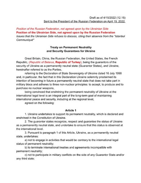 Мирні перемовини, план РФ, Стамбульські перемовини, текст 2022 рік