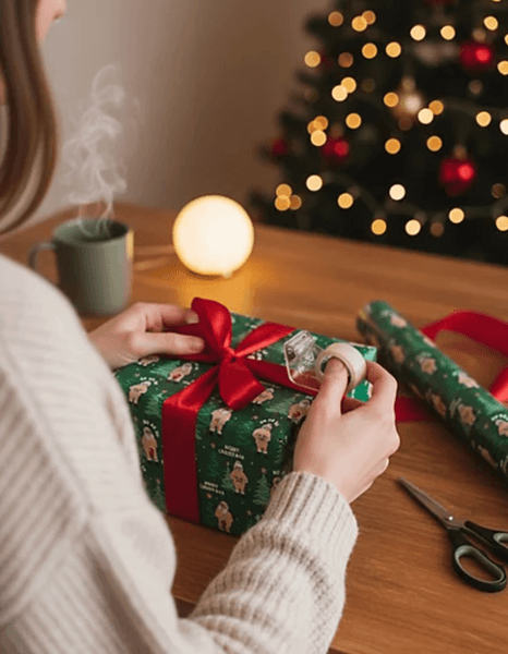 Девушка упаковывает рождественский подарок в оберточную бумагу с лентой рядом с новогодней елкой
