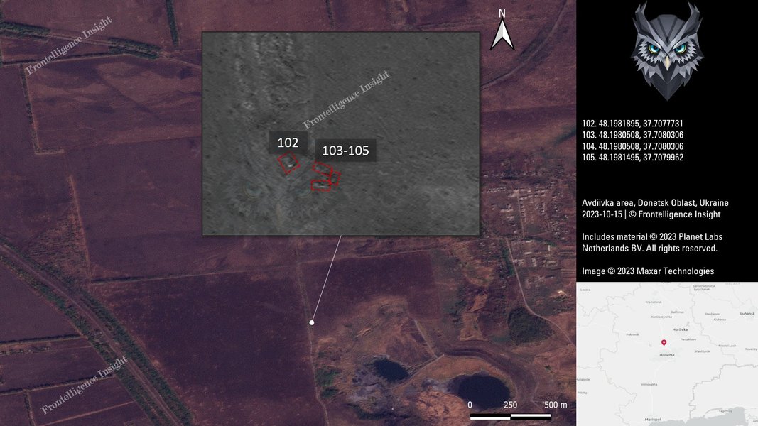 Потери ВС РФ под Авдеевкой, белым квадратом обозначена техника, которая уже была уничтожена ранее