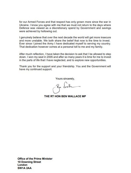Лист про відставку, Бен Воллес, Ріші Сунак
