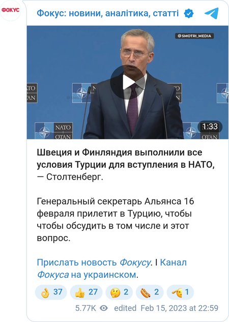 Столтенберг призвал Турцию ратифицировать вступление Швеции и Финляндии в НАТО