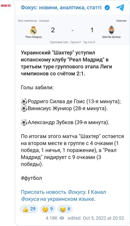 Результати матчу "Шахтар" — "Реал".