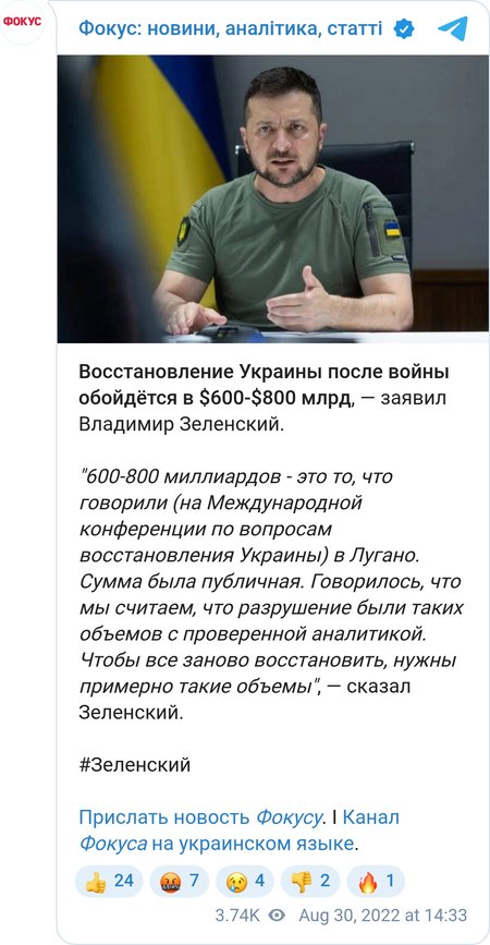 Для відновлення України може знадобитися від 600 до 800 млрд доларів